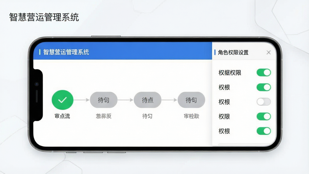 一张展示审批流程与权限管理的界面概念图,主体为手机屏幕上的审批节点流程图与角色权限设置面板,布局为上下分区、流程节点横向排列,排版清晰,风格为现代简约商务风,细节包括绿色通过标识、灰色待办节点、权限开关按钮,画质干净无多余元素,画面中标注文字“智慧营运管理系统”