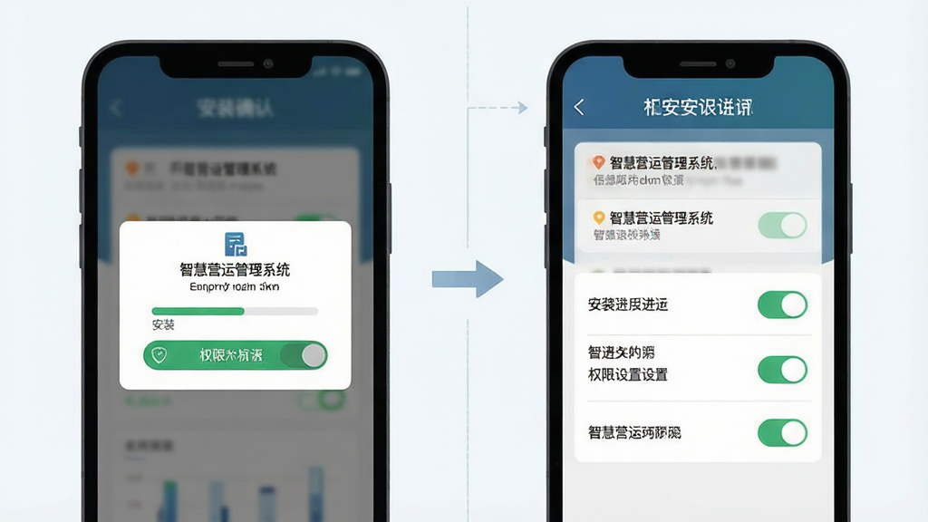 一张展示手机安装应用与权限设置步骤的示意图,主体为手机屏幕上的安装确认弹窗与权限开关界面,布局为左右分步展示,排版清晰,风格为扁平化教程插画,细节包括安装进度条、权限开关按钮、提示文字框,画质干净无多余元素,画面中标注文字“智慧营运管理系统”
