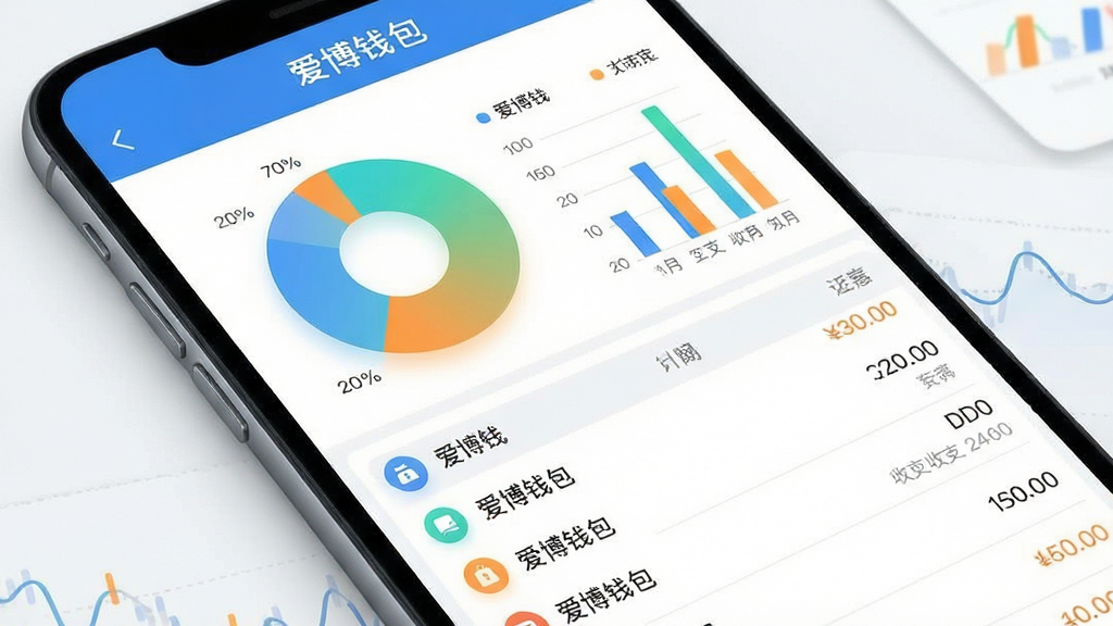 画面主体为手机屏幕展示爱博钱包收支统计页面,屏幕上半部分为饼状图与柱状图组合,下半部分为明细列表;布局为上下分区,图表占据视觉重心;排版清晰,数据标签可见;风格为清新数据可视化风,配色以蓝绿橙三色区分收支类别;细节上图表带有柔和渐变,列表条目带有分类图标,屏幕顶部显示“爱博钱包”标题;画质高清,画面干净,无多余元素