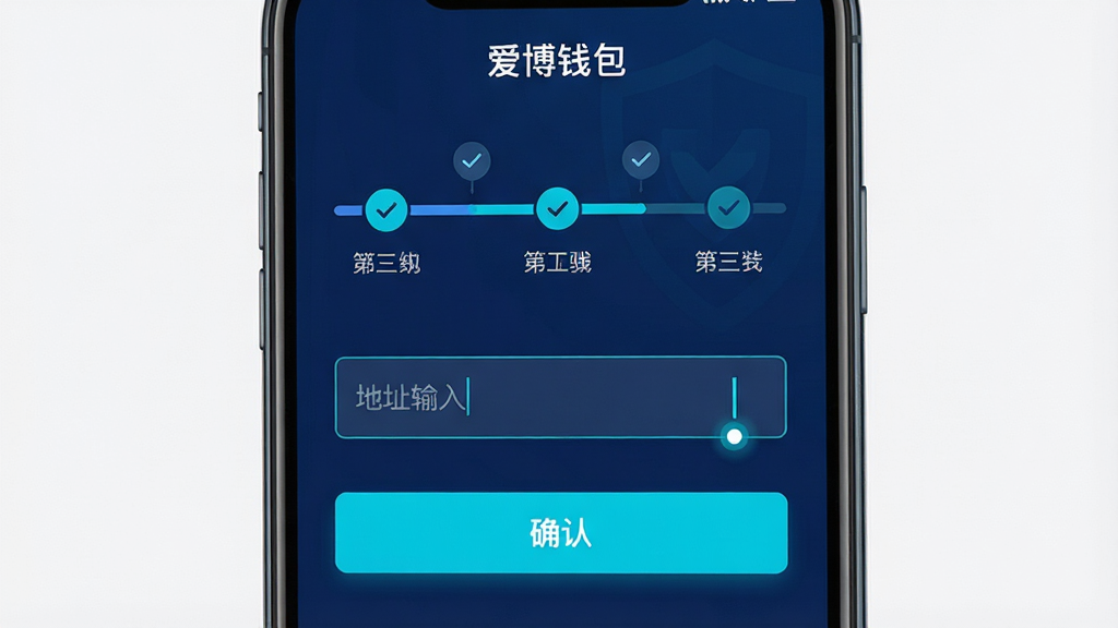 画面主体为手机屏幕特写,展示爱博钱包数字钱包绑定引导页面,页面中央为绑定流程步骤条,下方为地址输入框与确认按钮;布局为居中纵向排列,步骤条位于顶部;排版简洁,按钮醒目;风格为科技安全风,配色以深蓝与青色为主;细节上步骤条带有对勾图标,输入框有光标闪烁效果,页面顶部显示“爱博钱包”字样;画质清晰,画面干净,无多余元素