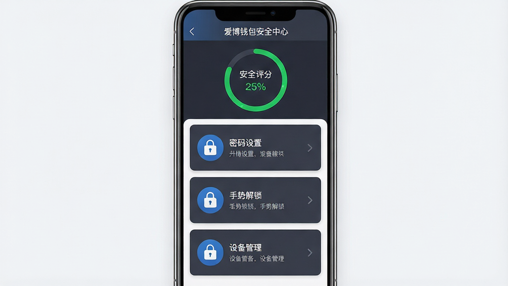 画面主体为手机屏幕展示爱博钱包安全中心页面,页面内包含密码设置、手势解锁、设备管理三个功能入口卡片;布局为三行卡片纵向排列,顶部有安全评分环形图;排版规整,图标统一;风格为稳重安全风,配色以深灰与蓝色为主;细节上环形图显示高分绿色,卡片带有锁形图标,屏幕顶部标注“爱博钱包”安全中心;画质高清,画面干净,无多余元素