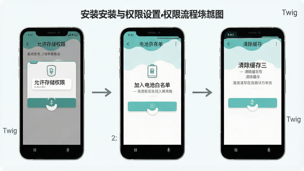 一张手机应用安装与权限设置的流程示意图,画面以手机屏幕为主体,分步骤展示允许存储权限、加入电池白名单、清除缓存三个操作界面,界面简洁清晰,配色为浅色系,风格扁平化,画质高清,画面中可标注