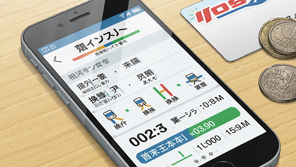主体为手机屏幕特写,屏幕内显示日本地铁应用的车站详情页面,页面上方为站名与线路色标,中部列出相邻站点列表与换乘线路图标,下方显示票价区间数字与首末班车时间条目,手机斜置于浅木色桌面,旁边放有一张交通卡与几枚日元硬币,风格为写实生活场景摄影感插画,细节包括屏幕反光、卡片纹理、硬币金属光泽,画质清晰,构图自然,背景干净无杂物