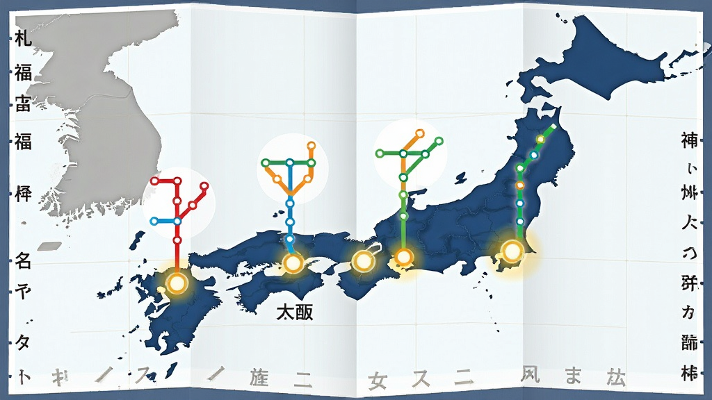 主体为一幅展开的日本全国地图,地图上东京、大阪、京都、名古屋、福冈、札幌六座城市以高亮光点标注,每座城市上方悬浮一条彩色地铁线路缩略图,线路以红蓝绿橙多色区分,地图边缘配有日文城市名称标签,布局为横向宽幅构图,风格为信息图表式扁平插画,细节包括城市光晕、线路节点圆点、浅色网格底纹,画质高清,画面干净整洁,无多余装饰元素