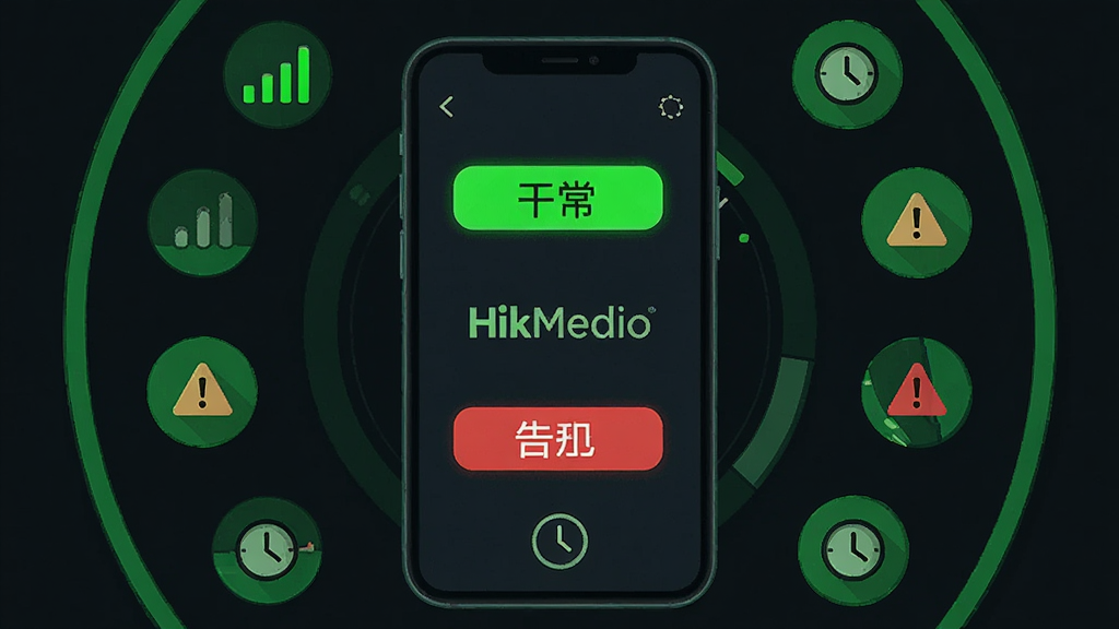 主体为手机屏幕展示设备状态仪表盘,包含绿色正常与红色告警标签;布局手机居中,四周环绕状态小图标;排版环形分布;风格为科技感扁平插画,深色背景配荧光绿高亮;细节包含信号格、告警感叹号、时钟图标,屏幕文字“HikMedio”;画质清晰,无多余元素
