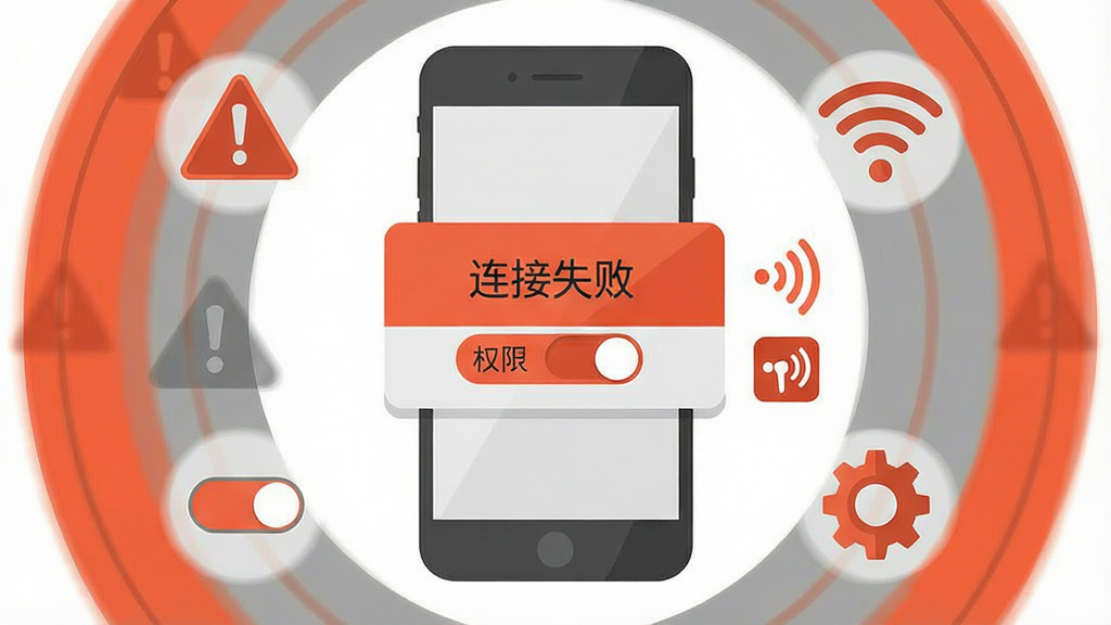 主体为一部手机屏幕显示连接失败提示弹窗,旁边配有权限开关与网络图标;布局手机居中,四周分布警示三角、WiFi信号、齿轮图标;排版围绕手机环形排布;风格为扁平提示插画,橙红与灰色搭配;细节包含弹窗文字“连接失败”、权限开关滑块、信号波纹;画质清晰干净,无多余元素