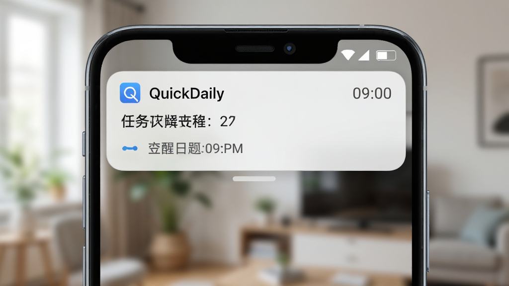 主体为安卓手机通知栏弹出 QuickDaily 的日程提醒卡片,卡片上显示任务名称与时间;布局为手机屏幕上半部分特写,背景为模糊的室内环境;排版突出通知卡片与时间信息;风格为写实UI展示;细节包括通知图标、圆角卡片、时间文字“09:00”、浅色背景;画质高清、画面干净、无多余元素