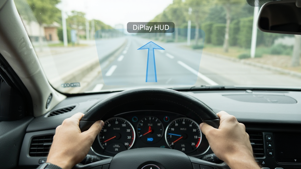 车内视角展示一部安卓手机通过 DiPlay HUD 把导航箭头投射到挡风玻璃上,驾驶员双手放在方向盘上视线朝前,布局为驾驶位第一人称视角,风格为写实驾驶场景,细节包括方向盘、仪表盘、挡风玻璃反射的箭头、白天自然光,画质清晰干净,无多余元素,画面中可出现文字“DiPlay HUD”