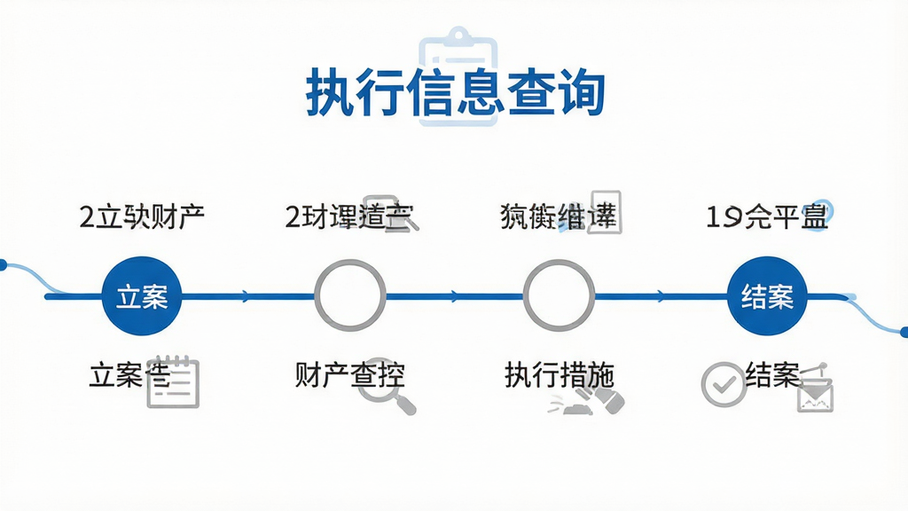 画面主体是一张案件进度时间轴示意图,时间轴上依次标注“立案”“财产查控”“执行措施”“结案”四个节点,节点用圆形图标表示,已完成节点为蓝色实心,未完成节点为灰色空心;布局为横向时间轴居中,上方有标题“执行信息查询”字样;风格为简洁信息图风,白底蓝字;细节包括时间轴线条流畅、节点旁有简短文字说明、整体排版留白充足;画质高清,干净,无多余元素