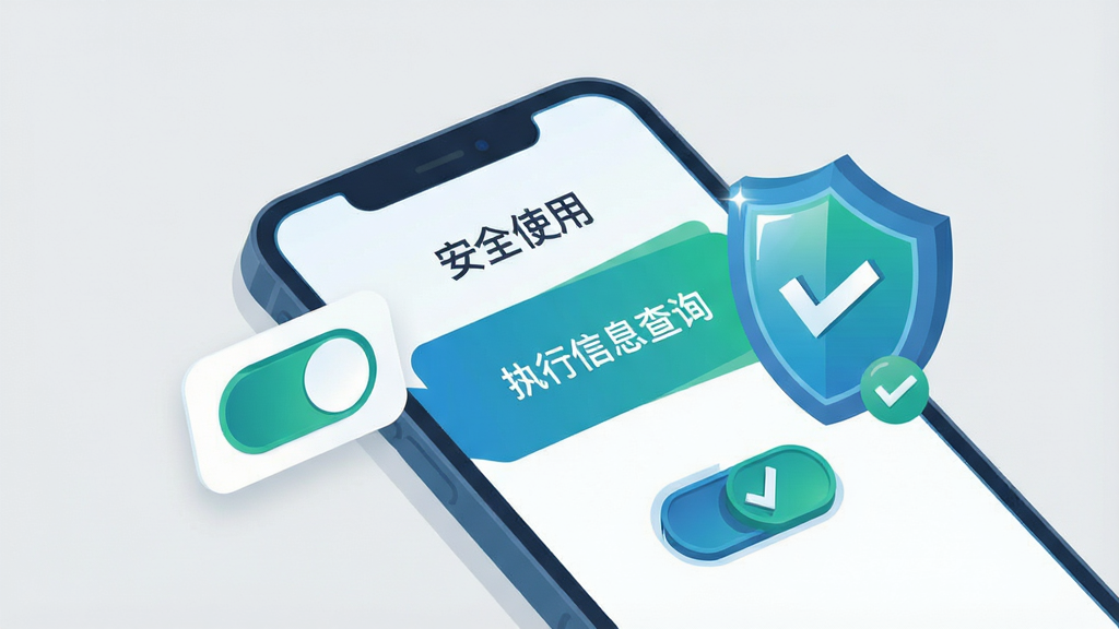 画面主体是一部手机屏幕显示“执行信息查询”的安装权限设置界面,屏幕旁有盾牌图标和勾选标记;布局为手机斜放居中,左侧漂浮权限开关图标;排版简洁,标题“安全使用”位于上方;风格为扁平化安全主题插画,蓝绿配色;细节包括盾牌高光、开关按钮立体感、背景浅灰;画质高清,干净,无多余元素