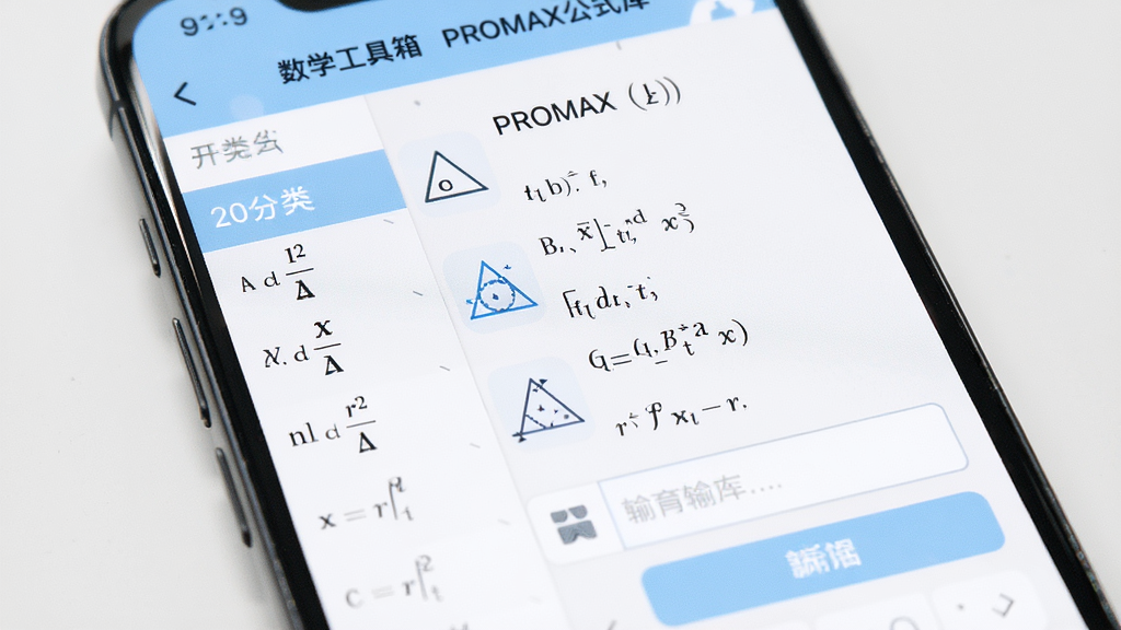 数学工具箱PROMAX公式库界面展示图,主体为手机屏幕特写,布局左侧为公式分类列表,右侧为公式详情与输入框,排版层次分明,风格为清爽浅色教育类应用设计,细节可见三角函数与几何图形图标,画质高清,背景简洁无干扰