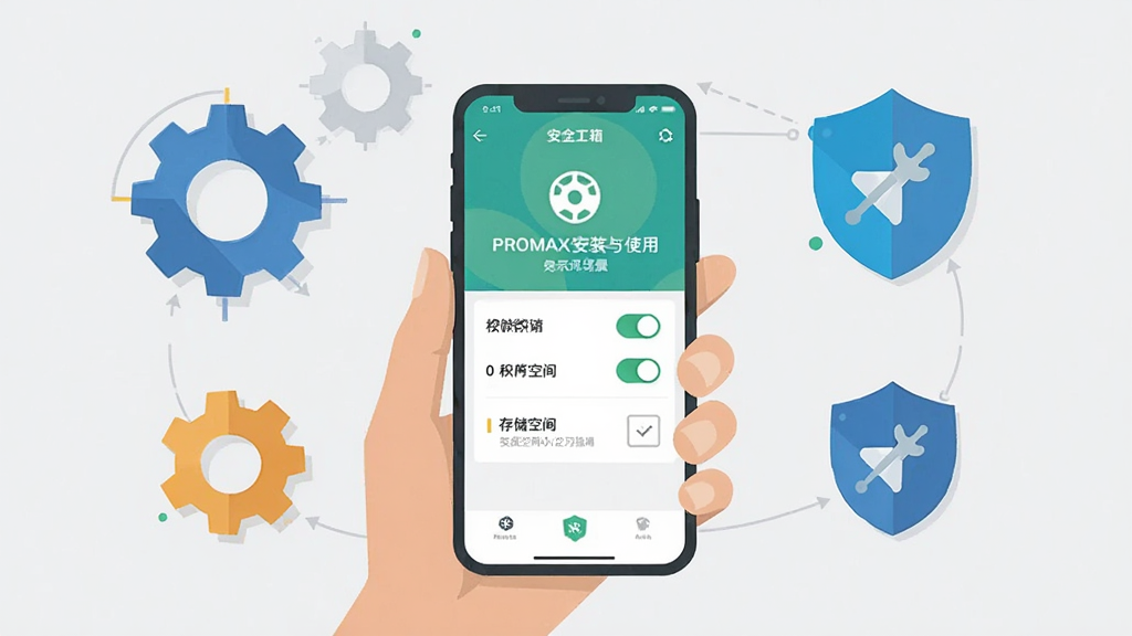 数学工具箱PROMAX安装与使用场景示意图,主体为手持手机展示应用安装完成界面,布局手机居中,周围环绕齿轮与盾牌图标象征安全设置,排版简洁,风格为扁平化信息图风格,细节包含权限开关与存储空间提示,画质清晰,背景浅灰干净