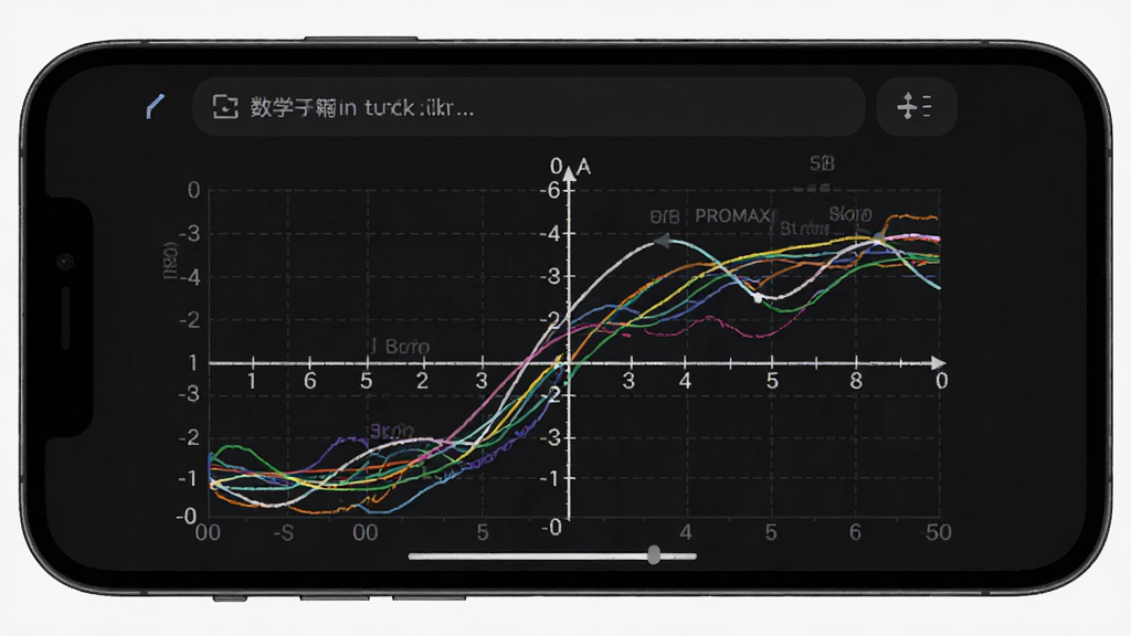 数学工具箱PROMAX函数绘图功能展示图,主体为手机横屏显示坐标系与多条彩色曲线,布局上方为函数输入栏,下方为图像区域,排版清晰,风格为深色护眼模式科技风,细节包含坐标网格与函数标签,画质细腻,背景干净