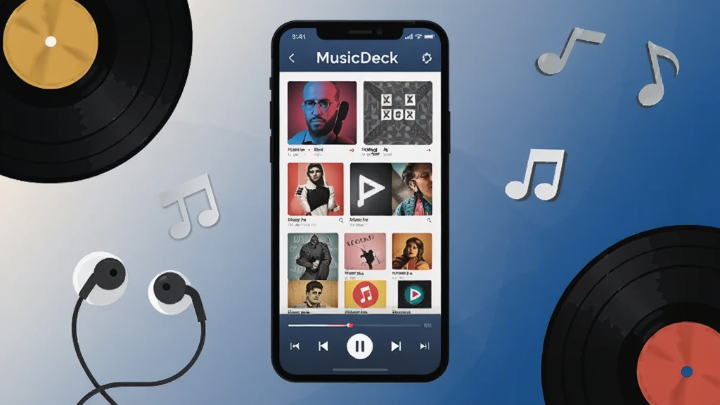 �����������һ�������ֻ�����Ļ��ʾ MusicDeck ���ֲ������������棬��������ר������������ײ����ſ��������ֻ���Χɢ���źڽ���Ƭ�����߶���������ͼ�꣬����Ϊǳ�ҵ������Ľ��䣬������ñ�ƽ���廭���ϸ�ڸɾ����䣬���������������޶���װ��Ԫ��