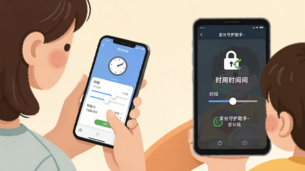 画面主体为一位家长用手机远程设置孩子设备使用时间的场景,布局为左侧家长持手机、右侧孩子设备屏幕显示时间锁提示,风格温馨家庭插画风,细节包含时钟图标、时段设置滑块、