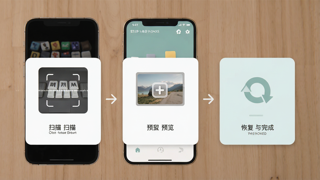 免恢复删除操作流程示意图,画面展示手机屏幕上从扫描到预览再到恢复完成的三步流程界面,采用横向排列的步骤卡片布局,风格扁平化设计,配色柔和,画质清晰干净,无多余元素