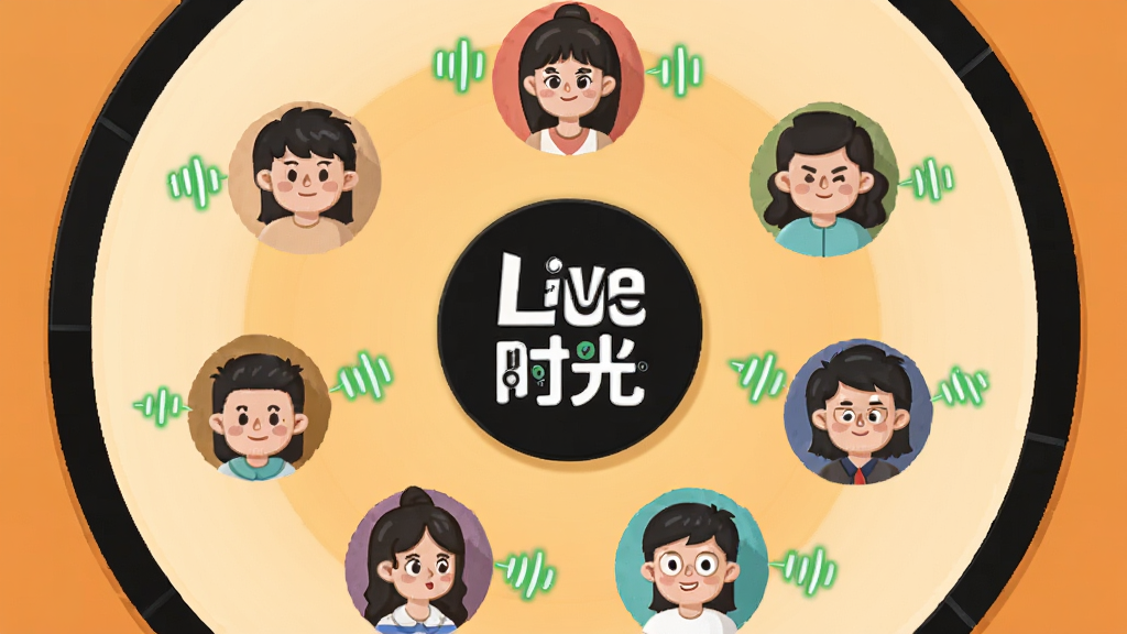 һ��Բ����������ĸ��Ӳ廭�������ǡ�Liveʱ�⡱��־����Χ���ư˸���ͨͷ����������û���ÿ��ͷ��������ɫ�����������ţ�����Ϊů��ɫ���䣬������±�ƽ����ͼ���жԳƣ�ϸ�ڼ�࣬���ʸɾ�����
