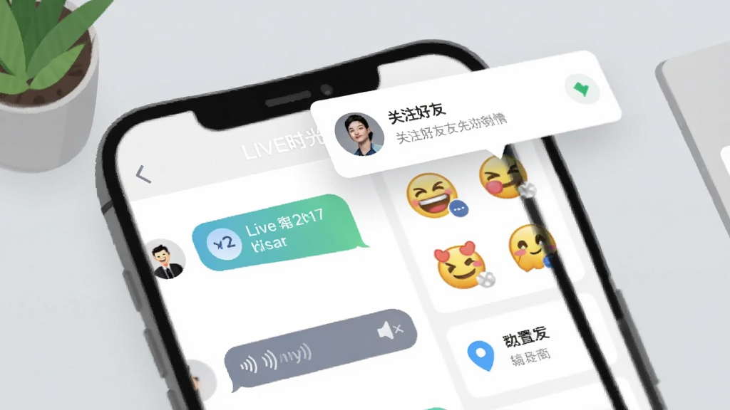 �ֻ���Ļ��д�廭����ʾ��Liveʱ�⡱˽�ĶԻ����棬���Ϊ�������������������Ҳ�Ϊ�������λ�ÿ�Ƭ����Ļ�Ϸ�������ע���ѵ���Ϣ���Ѹ���������Ϊǳ��ɫ��������ֲ������Լ�ִ�����������������������������Ԫ��