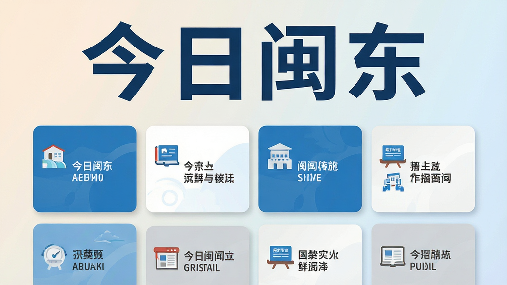 画面以“今日闽东”四个大字作为顶部标题,下方是分层排列的新闻卡片墙,每张卡片上带有简洁的图标与标题文字,卡片以蓝、白、浅灰三色区分频道,背景为柔和的浅色渐变,整体风格为扁平化信息图表风,布局整齐有序,细节清晰,画质干净高清,无多余装饰元素