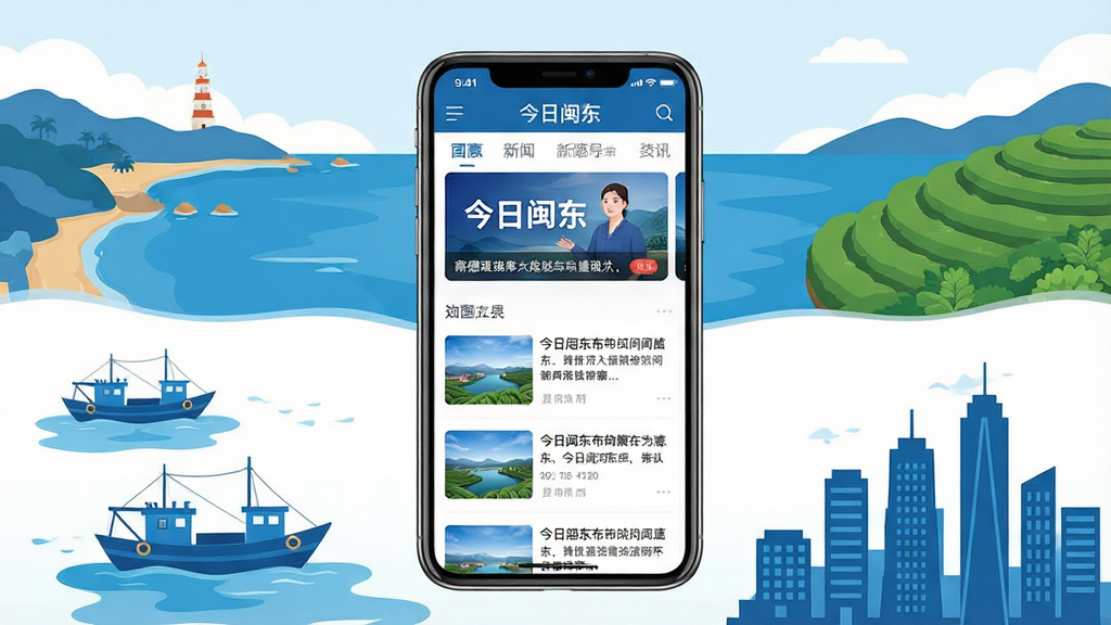 画面中央放置一部智能手机,屏幕上显示“今日闽东”新闻资讯类App的首页界面,界面包含顶部导航栏、滚动新闻横幅与列表式新闻卡片,手机周围以扁平化插画风格环绕宁德地区标志性元素如海岸线、渔船、茶园与城市建筑剪影,整体采用蓝白为主色调的清爽新闻类视觉风格,构图居中对称,细节干净清晰,画质高清,无多余杂乱元素