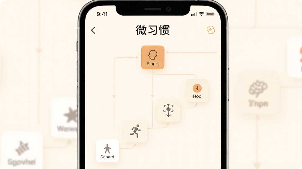 画面中央为“微习惯”应用界面,显示一个由大目标拆解为多个小方块的流程图,每个小方块标注简单动作图标,背景为暖白色,布局从上到下阶梯式排列,风格简约商务,细节清晰,画质高清,干净无多余元素