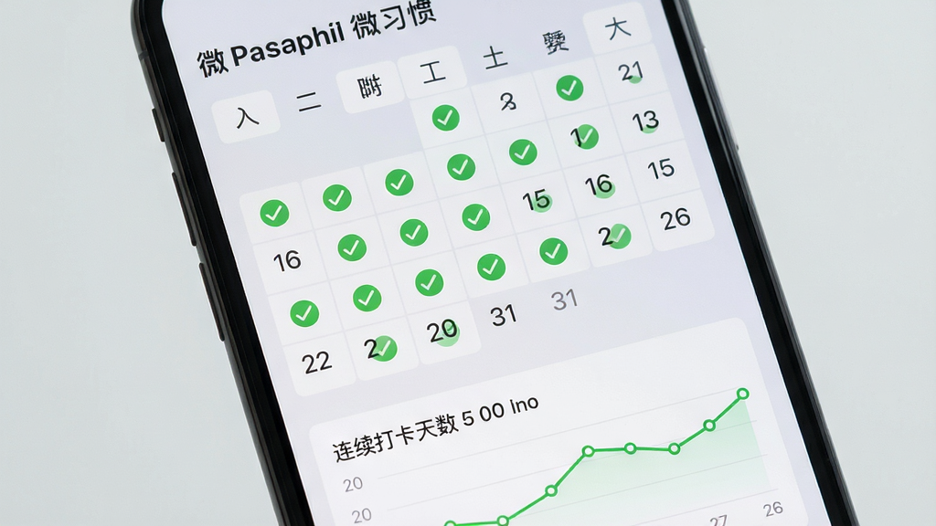手机屏幕展示“微习惯”应用的打卡日历页面,日历上多个日期带有绿色对勾标记,下方为连续打卡天数统计与折线图,背景为浅灰色,布局上下结构,风格清爽素雅,细节清晰,画质高清,干净无多余元素