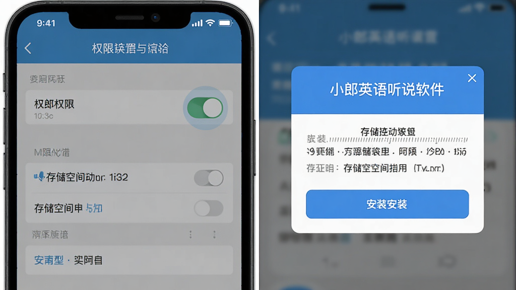 画面主体为小郎英语听说软件在手机上的权限设置与安装界面示意;布局为左侧手机设置页面右侧安装提示弹窗;排版直观清晰;风格为实用教程插图风格;细节包含麦克风权限开关、存储空间提示与安装按钮;画质清晰,干净,无多余元素