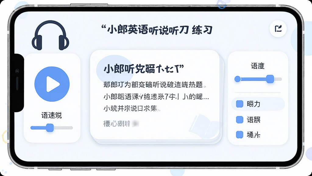 画面主体为小郎英语听说听力练习界面插画,展示耳机图标与听力题目卡片;布局为中央题目区域两侧功能按钮;排版简洁明了;风格为清爽学习工具风格;细节包含播放按钮、语速调节滑块与选项列表;画质清晰,干净,无多余元素