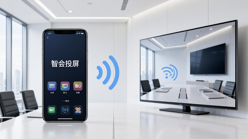 画面中央放置一部智能手机,屏幕显示“智会投屏”应用界面,手机右侧是一台大屏电视正在同步显示相同画面,背景为简洁的现代会议室环境,整体布局左右呼应,风格清爽商务,细节包括无线信号波纹图标连接手机与电视,画质高清,干净整洁,无多余元素