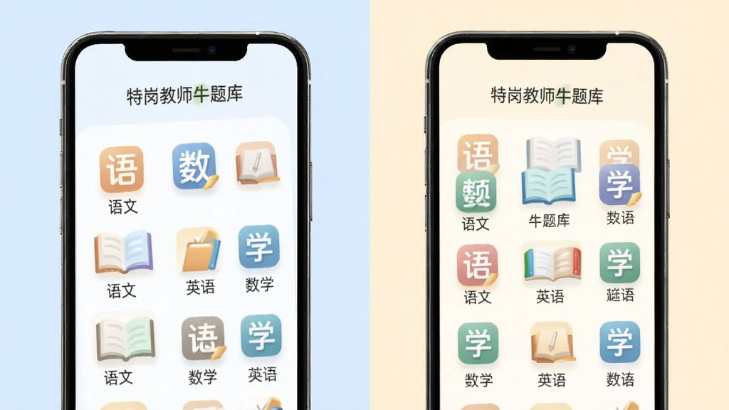 特岗教师牛题库题库分类页面,手机界面展示语文数学英语等学科图标整齐排列,背景为柔和浅色,风格简约现代,画质清晰,文字标注“特岗教师牛题库”,画面干净无杂乱元素