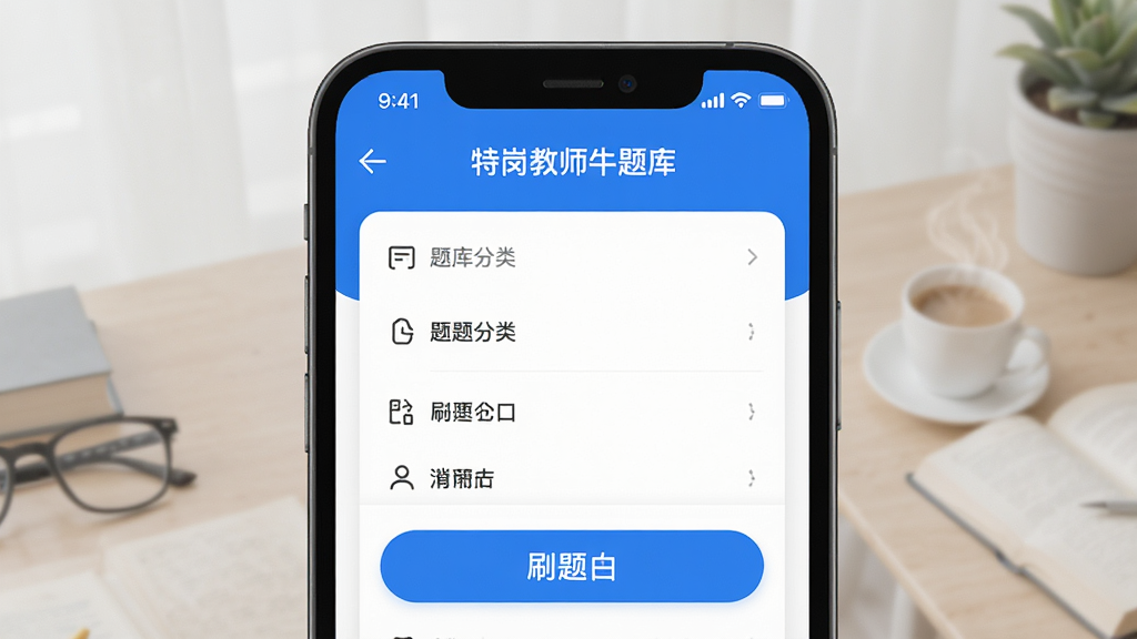特岗教师牛题库软件主界面展示,手机屏幕中呈现题库分类列表与刷题入口,界面清爽,蓝白配色,学习氛围浓厚,画面干净整洁,高清画质,无多余装饰元素