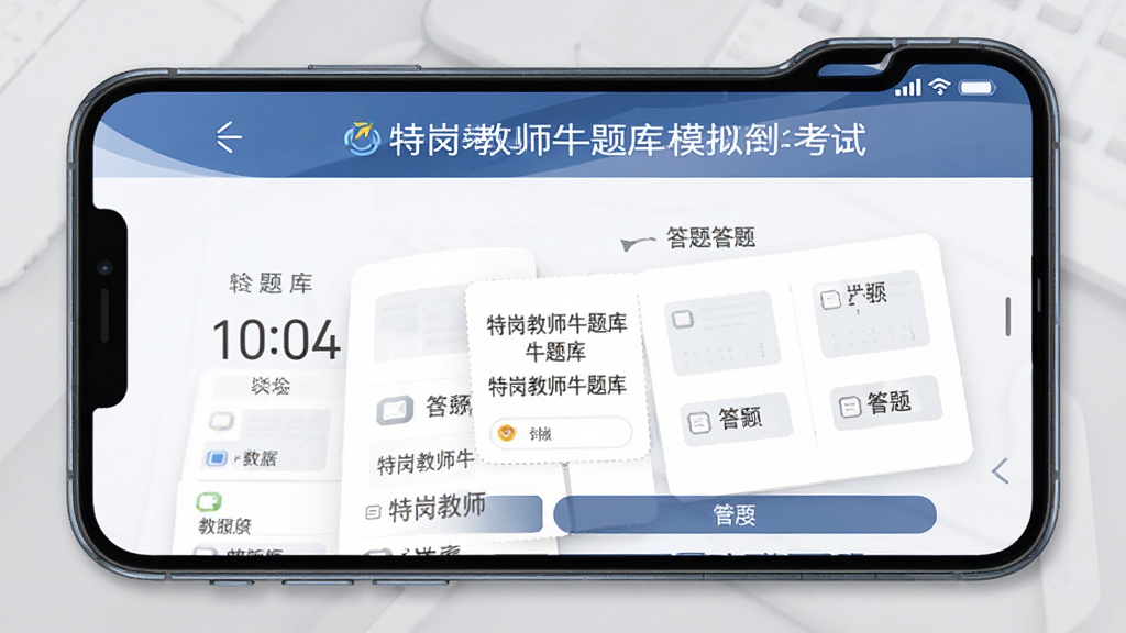 特岗教师牛题库模拟考试界面,手机屏幕显示倒计时与答题卡,页面布局清晰,风格专业沉稳,细节丰富,画质高清,文字包含“特岗教师牛题库”,整体干净整洁