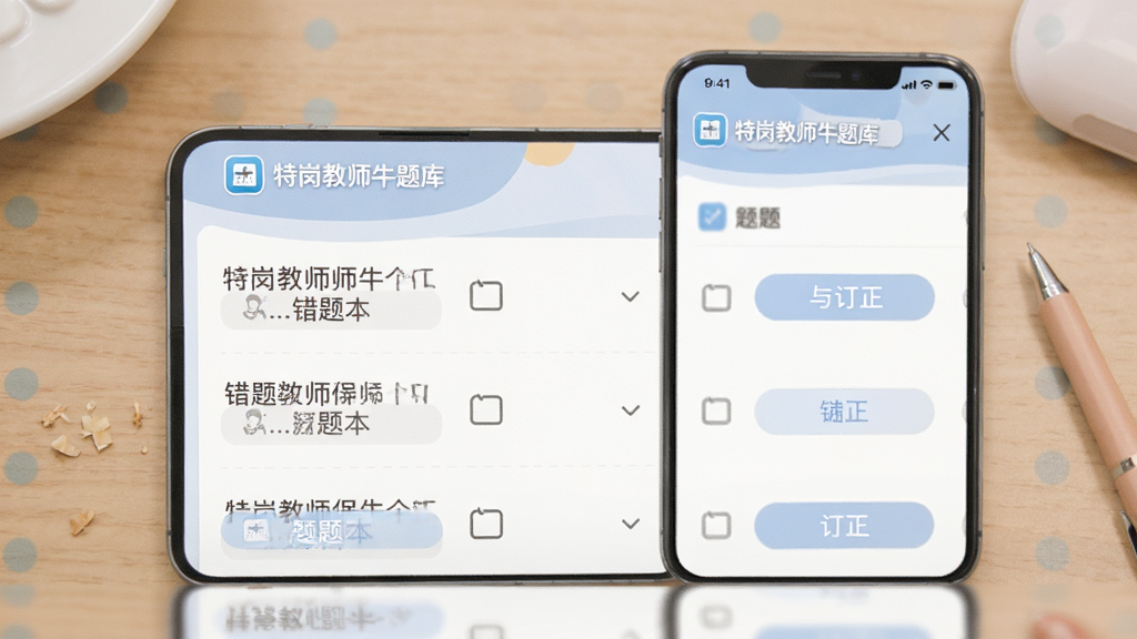 特岗教师牛题库错题本页面,手机界面展示错题列表与订正按钮,配色柔和,排版整齐,风格清新,画质清晰,画面中包含“特岗教师牛题库”字样,干净无冗余元素