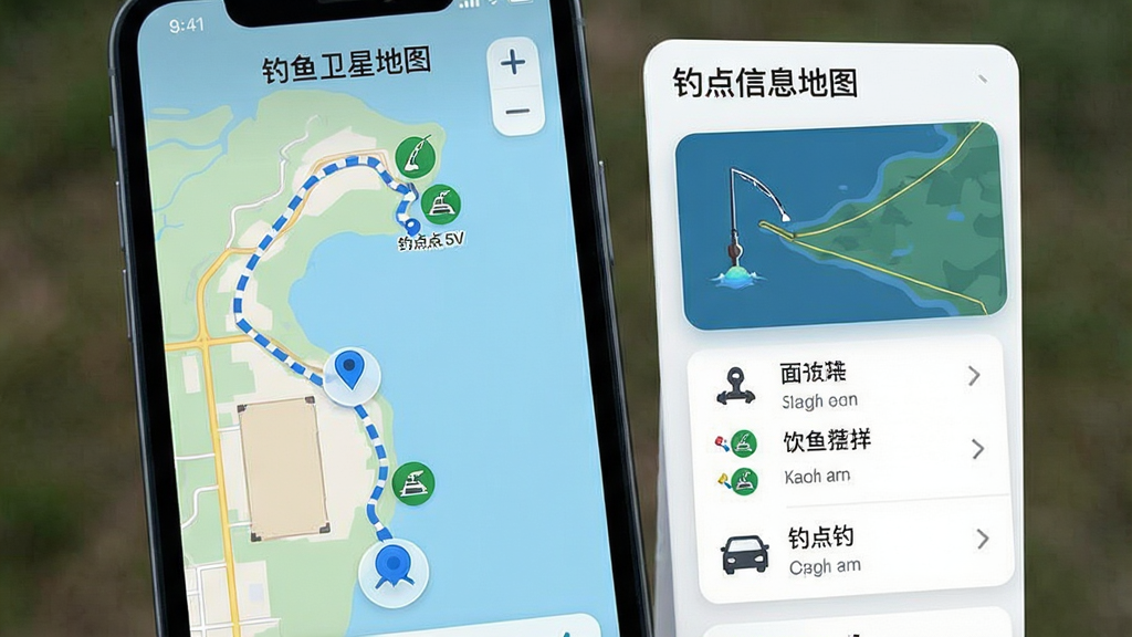 主体为手机屏幕显示地图导航界面,布局为左侧地图路线、右侧钓点信息卡片,排版为竖向手机界面展示,风格为简洁现代风,细节包含蓝色定位圆点、虚线路线、钓点图标,画质高清干净无多余元素,界面内文字为