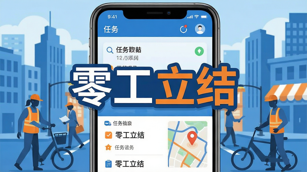 零工立结软件主界面展示,手机屏幕中呈现任务列表与地图定位,画面中央有醒目的“零工立结”文字标识,背景为城市街景与零工工作者剪影,扁平化插画风格,蓝橙配色,布局清晰,细节干净,高清画质,无多余元素