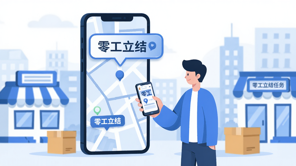 零工立结任务匹配界面插画,手机屏幕显示周边地图与任务气泡,气泡中写有“零工立结”字样,人物手持手机站在城市街道,周围有商店与包裹元素,扁平风格,蓝白主色,画面干净整洁,高分辨率