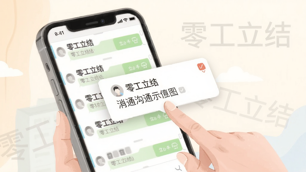 零工立结消息沟通界面示意图,手机屏幕显示对话列表与通知弹窗,人物手指点击屏幕,背景有“零工立结”水印字样,插画风格,色调柔和,布局清晰,高清画质