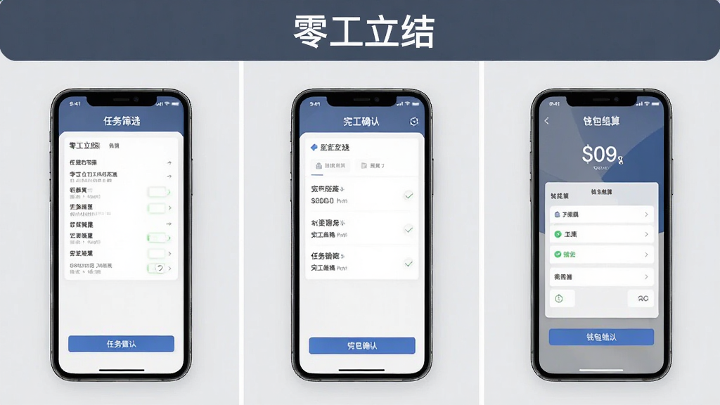 零工立结功能展示图,画面分为三块区域分别展示任务筛选、完工确认、钱包结算界面,手机模型排列整齐,背景为浅灰色,风格简洁商务,文字“零工立结”出现在顶部标题栏,画质清晰,无杂乱装饰