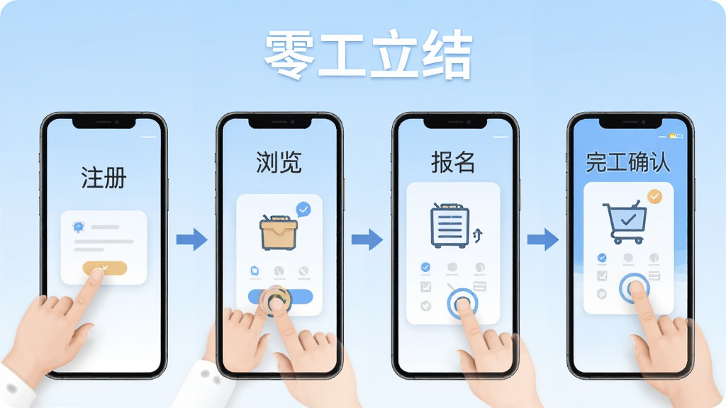 零工立结新手操作流程图,手机界面分步骤展示注册、浏览、报名、完工确认四个画面,步骤之间用箭头连接,人物手指点击操作,背景为浅蓝色渐变,风格扁平清新,文字“零工立结”出现在顶部,高清画质,画面整洁