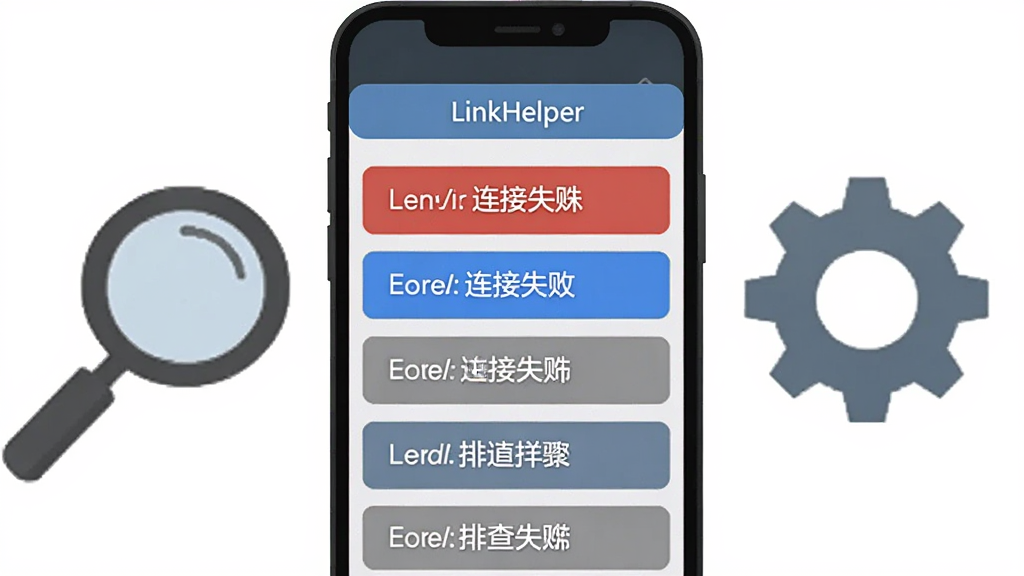 主体为一部手机屏幕显示连接失败提示与排查步骤列表,布局为手机居中、旁边有放大镜与齿轮图标,排版简洁,风格为扁平化说明图,细节包括屏幕上方显示“LinkHelper”软件名、列表用红蓝灰三色标注不同提示等级,画质清晰、干净、无多余元素