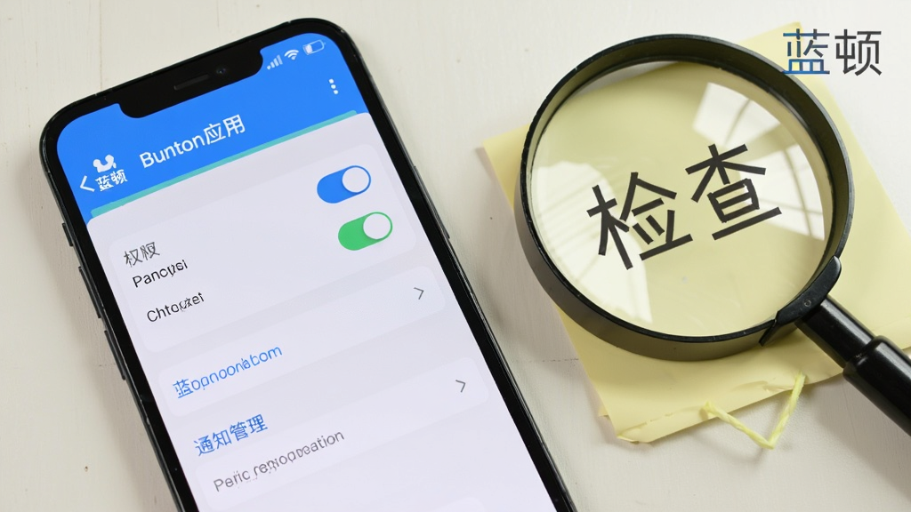画面展示一部手机屏幕出现蓝顿应用的设置页面,页面中包含权限开关与通知管理选项;手机旁边放置一个放大镜和一张写有