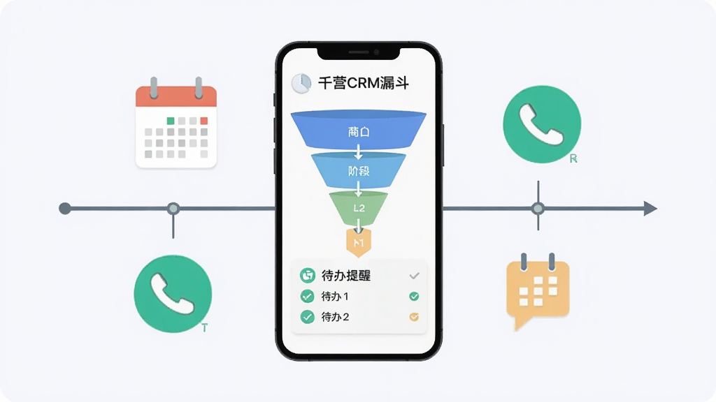 һ��չʾǧӪCRM����©����������ѹ��ܵ�ʾ��ͼ����������Ϊ�ֻ���Ļ����©�����̻��׶�ͼ����������б�����Χ��������ͼ�ꡢ�绰ͼ����ʱ��������������Ϊǳ�Ұ�ɫ�����Ϊ����ʸ������廭����ͼ���жԳƣ������������޶���װ��