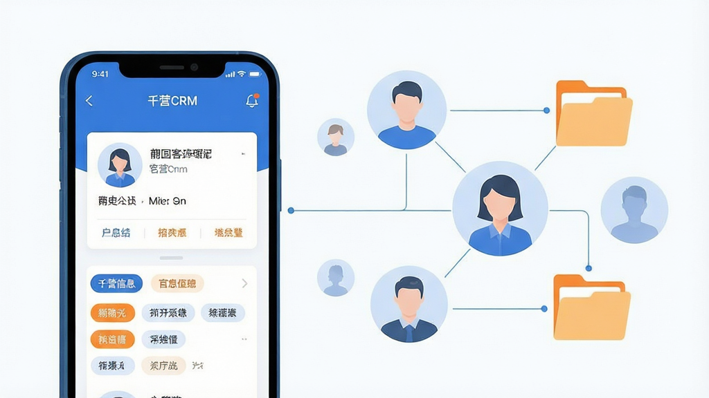 һ�ű���ǧӪCRM�ͻ������������ܵĳ���ͼ���������Ϊ�ֻ���Ļ��ʾ�ͻ���Ϣ��Ƭ���ǩɸѡ�����Ҳ�Ư���Ŷ����͸������ϵ��ͷ���뵵���ļ���ͼ�꣬Ԫ��֮����ϸ������������Ϣ�鼯��ϵ����ɫ������Ϊ������������ɫ��׺�����Ϊ��ˬ�������ƽ�廭�����־��⣬���ʸɾ������������ұ���Ԫ��