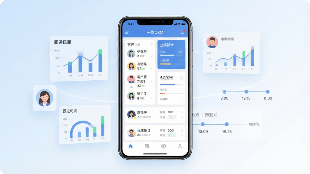 һ��չʾǧӪCRM�ƶ���Ӧ��������Ĳ�Ʒȫòͼ������������һ�����������ֻ�����Ļ�ڳ��ֿͻ��б���ҵ��ͳ�ƿ�Ƭʽ���֣��ֻ���Χ���ư�͸��������ͼ�����ͻ�ͷ��ͼ�������ʱ����Ԫ�أ�����Ϊǳ������ɫ����ͽ��䣬������ü���ִ��ı�ƽ��UI���ϸ�ڸɾ����䣬���������������޶���װ��Ԫ��