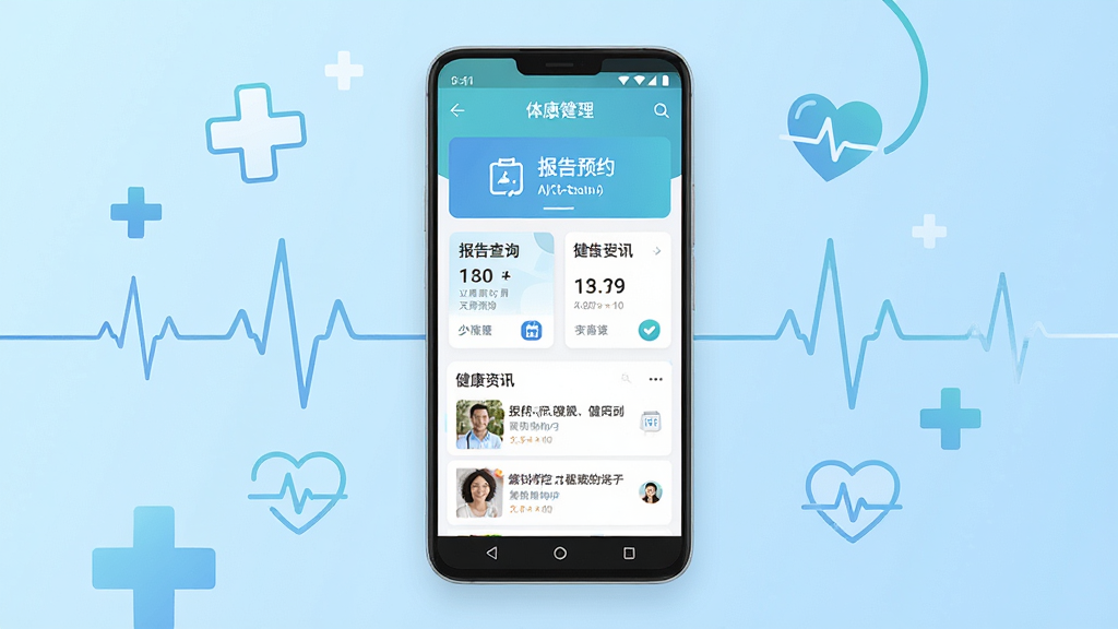 名流健康App主界面展示,画面中央是一部竖屏安卓手机,手机屏幕上显示健康管理首页,包含体检预约入口、报告查询卡片与健康资讯列表,背景为浅蓝色渐变,周围点缀简洁的医疗十字与心率线条元素,整体风格清新明亮,排版干净整洁,画质高清,无多余装饰,无杂乱文字