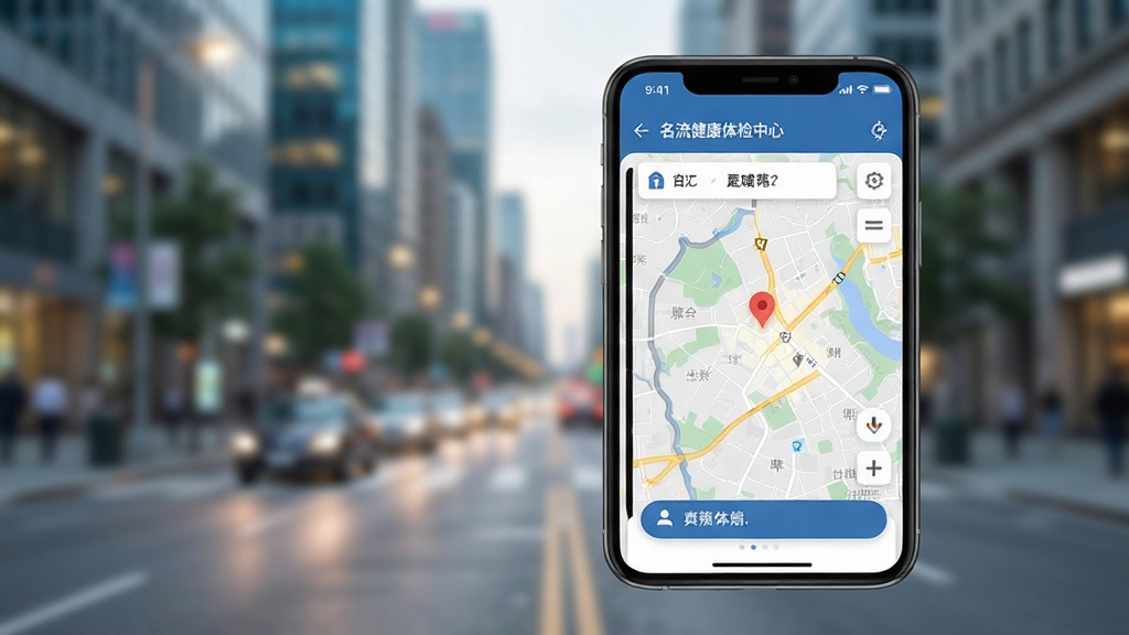 名流健康体检中心信息页面展示,手机屏幕显示门店列表与地图导航入口,背景为城市街景虚化画面,整体风格现代简洁,布局清晰,画质明亮,无杂乱元素
