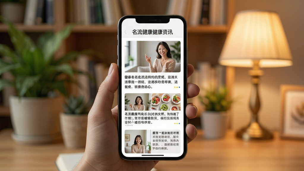 名流健康健康资讯阅读界面展示,手机屏幕显示图文并茂的健康科普文章列表,背景为柔和的书房环境,有绿植与暖光台灯点缀,画面风格温馨自然,排版舒适,画质高清,无多余文字