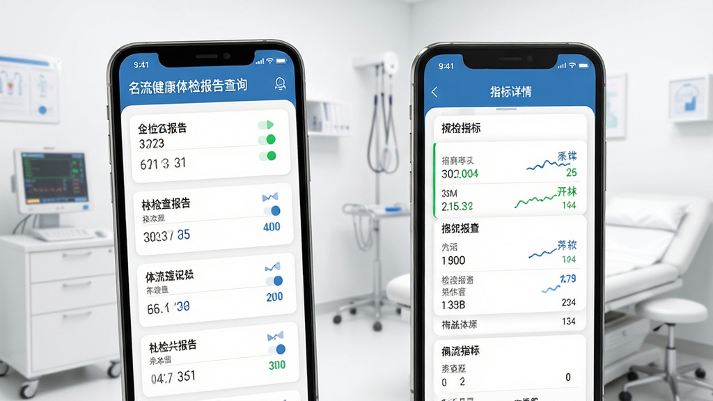 名流健康体检报告查询界面展示,手机屏幕显示体检报告列表与指标详情页,页面以卡片形式排列各项检查数据,配以绿色与蓝色状态标识,背景为干净的白色诊室环境,画面风格专业简洁,布局规整,细节清晰,画质高清,无多余元素