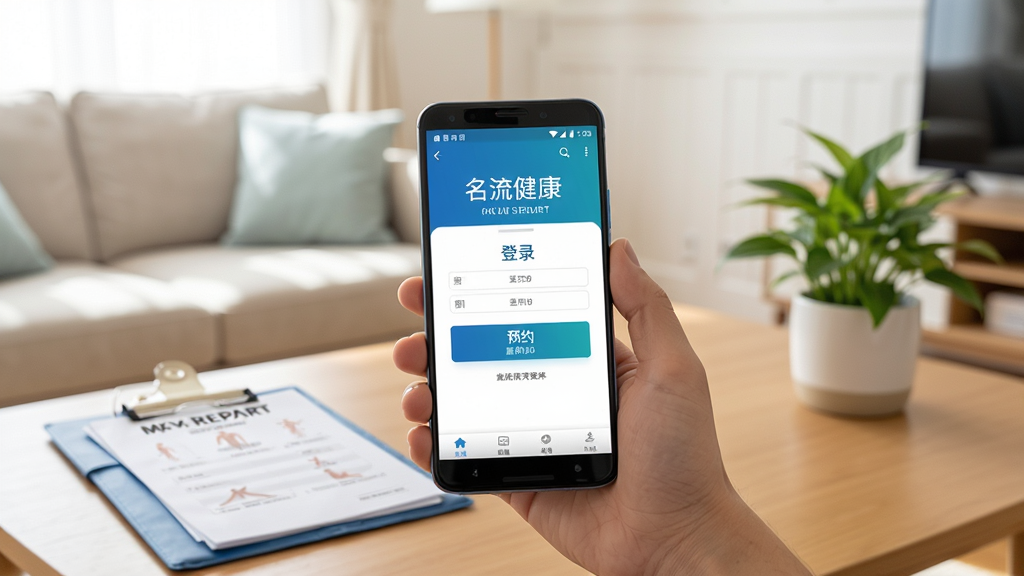 名流健康移动端使用场景展示,画面中一只手握持安卓手机,屏幕显示名流健康登录与预约页面,背景为明亮的居家客厅环境,桌面上放有体检报告夹与绿植,整体风格生活化且干净,排版自然,画质清晰,无多余元素