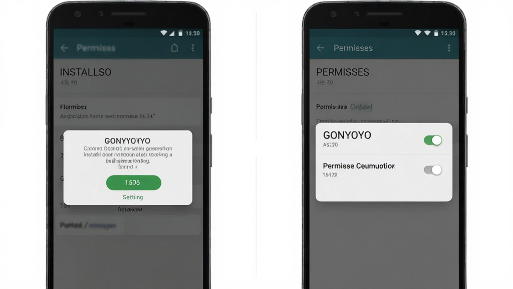 GONYOYO��׿�氲װ��Ȩ������ʾ��ͼ������Ϊ�ֻ���Ļ�ϵİ�װȷ�ϵ�����Ȩ�޹������棬���ֲ������·���չʾ�����������裬�Ű�����ֱ�ۣ����Ϊϵͳԭ�����ý�����ϸ�ڰ������ذ�ť����ʾ���֣���������������ɾ��޶���װ��